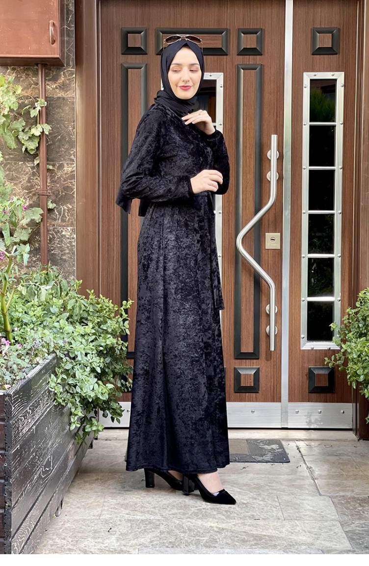 Kuşaklı Kadife Elbise Siyah | Sefamerve