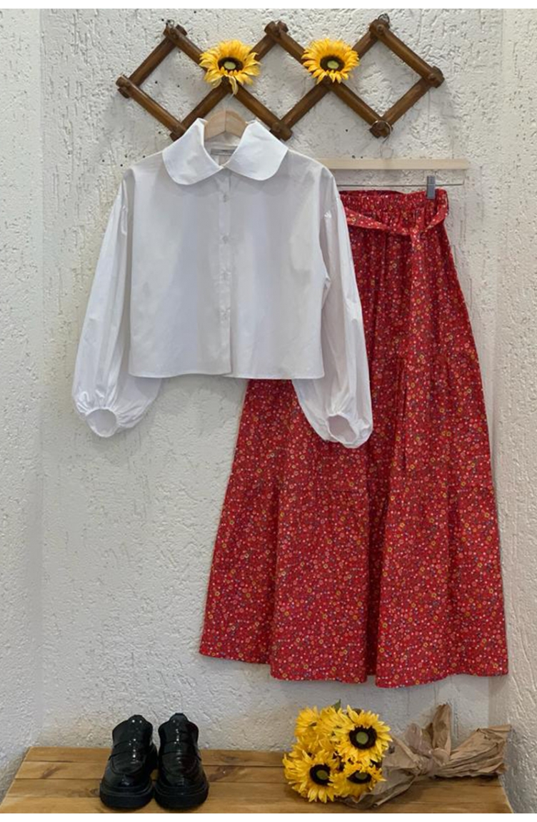 Ceylan Otantik Beyaz Balon Kol Crop Gömlek Kırmızı Küçük Çiçekli Kat Kat  Etek Takım 00243-01 Kırmızı | Sefamerve