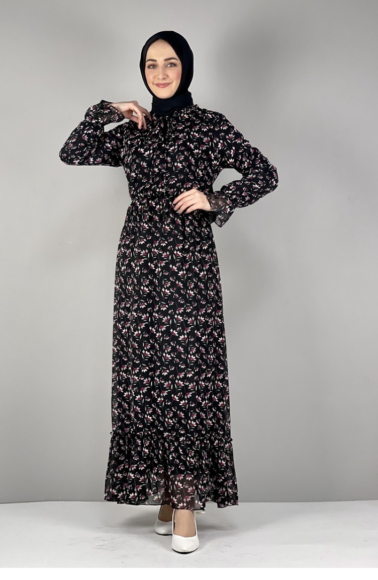 Çiçekli Şifon Elbise Siyah | Sefamerve