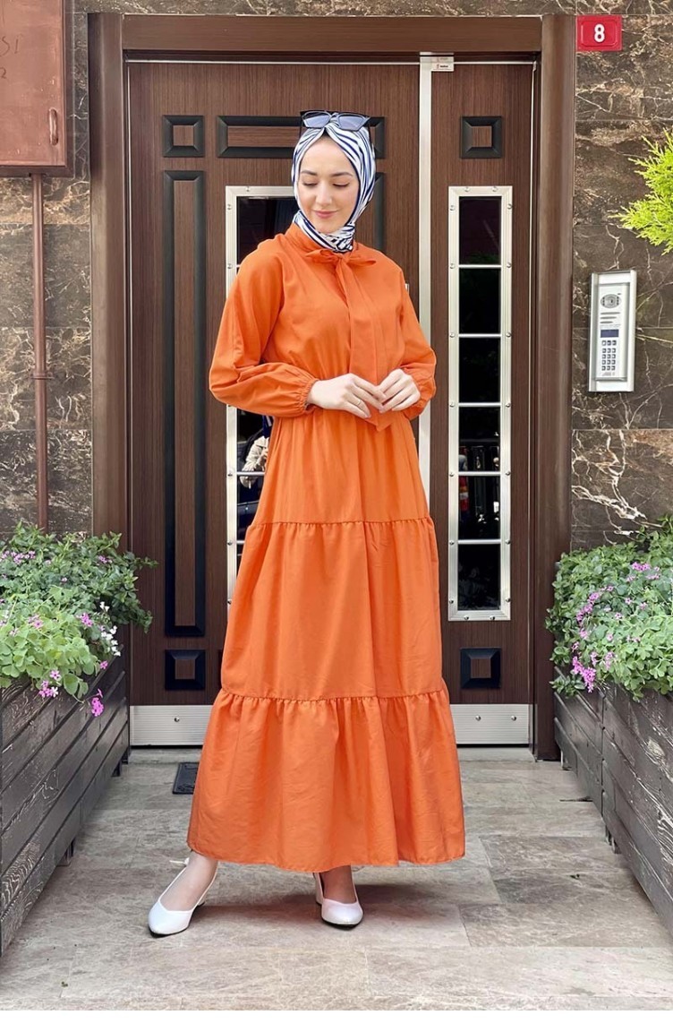 Kravat Yaka Tesettür Elbise Turuncu | Sefamerve