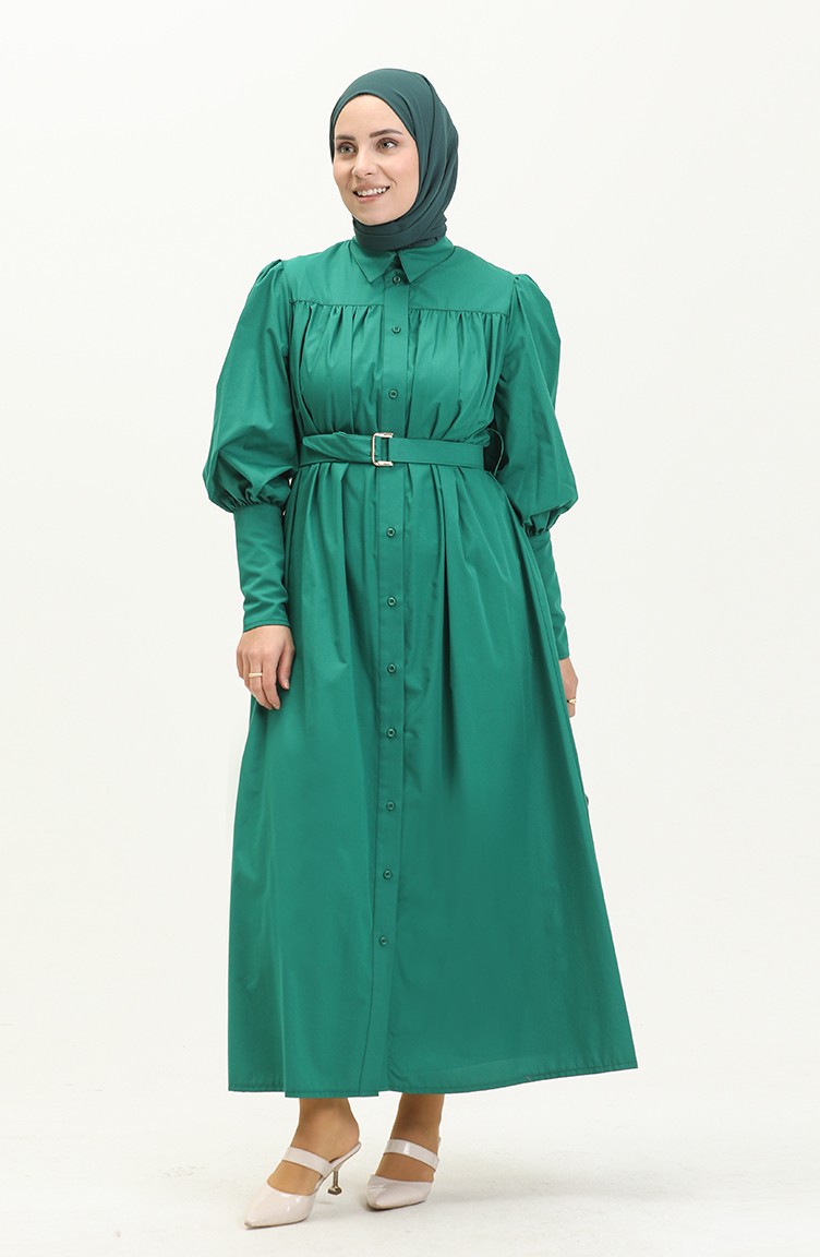 Robalı Kemerli Elbise 0010-04 Zümrüt Yeşili | Sefamerve