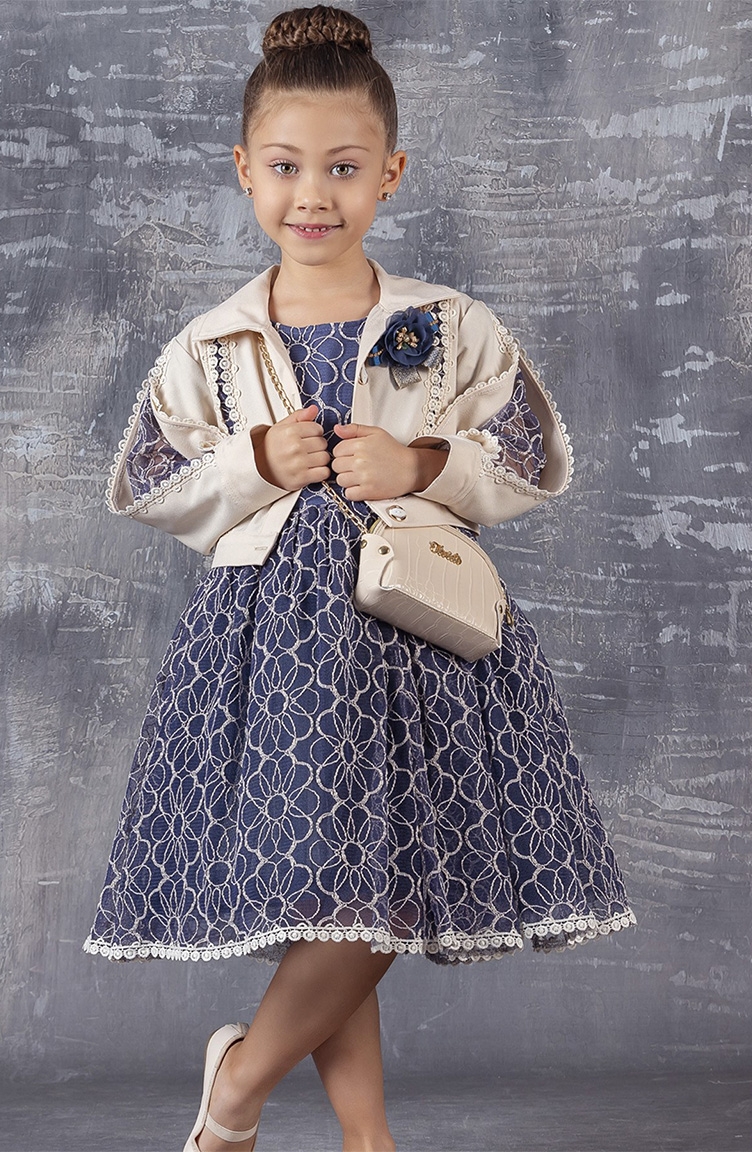 Bolerolu Çiçek Dantel Kız Çocuk Elbisesi TVD2395BLR-01 Lacivert | Sefamerve