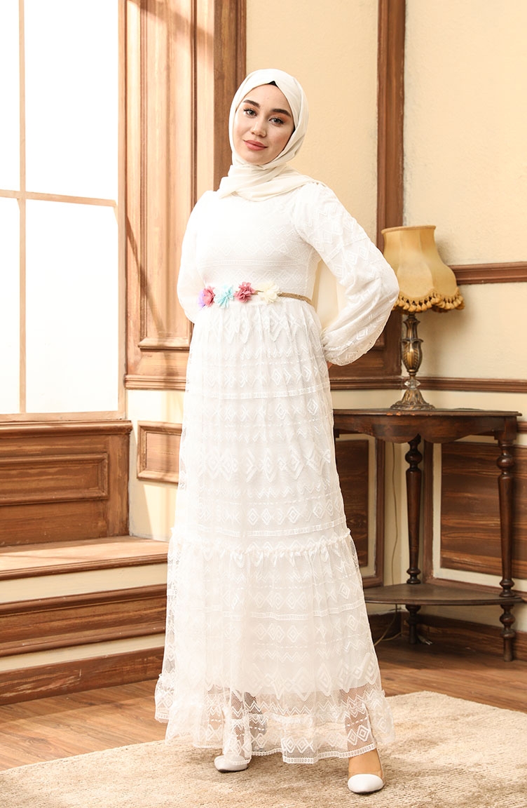 Kemeri Çiçekli Elbise Beyaz 10241 | Sefamerve