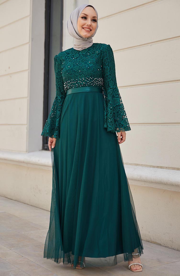 فستان سهرة دانتيل 11153-04 أخضر زمردي 11153-04 | Sefamerve