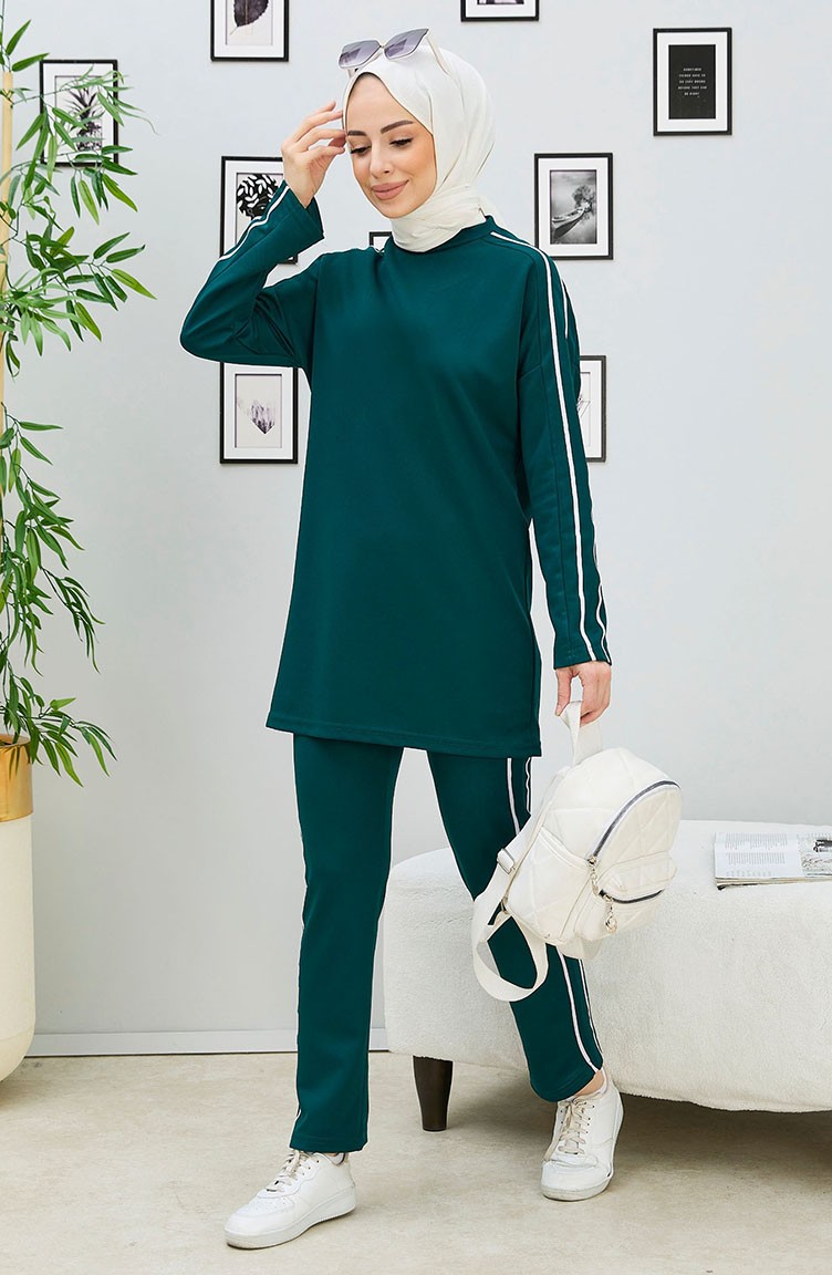 Şeritli Tunik Pantolon İkili Takım 11336-07 Zümrüt Yeşili | Sefamerve
