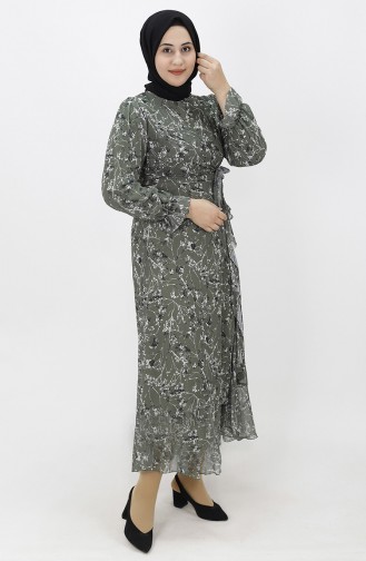 Firfirli Bağama Modelli Şifon Elbise 8024-01 Haki