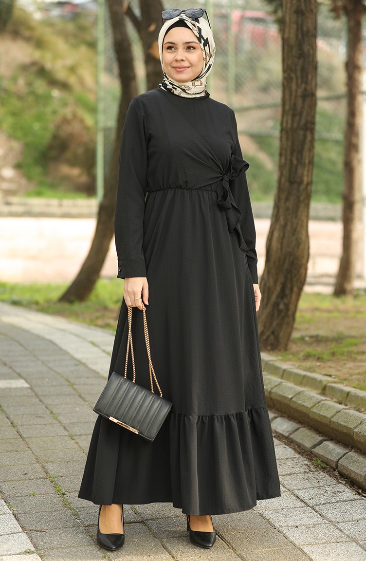 Kruvaze Detaylı Eteği Fırfırlı Elbise Siyah | Sefamerve