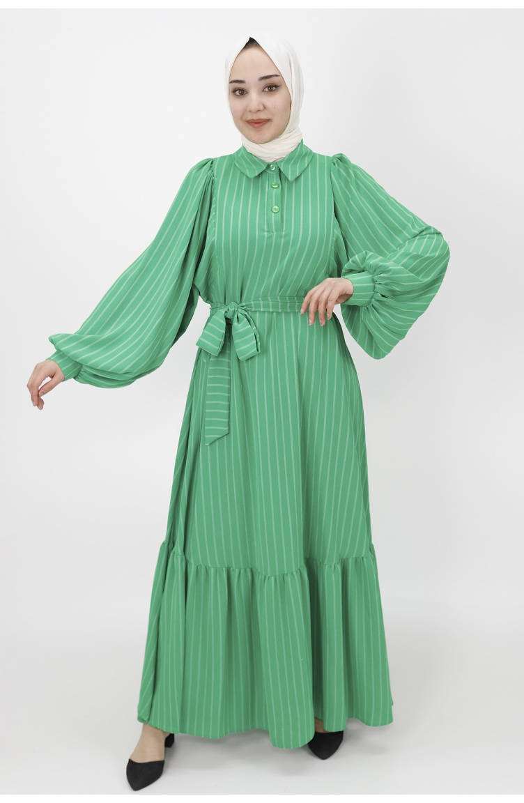 Çizgili Kemerli Salaş Elbise 1027-01 Yeşil | Sefamerve