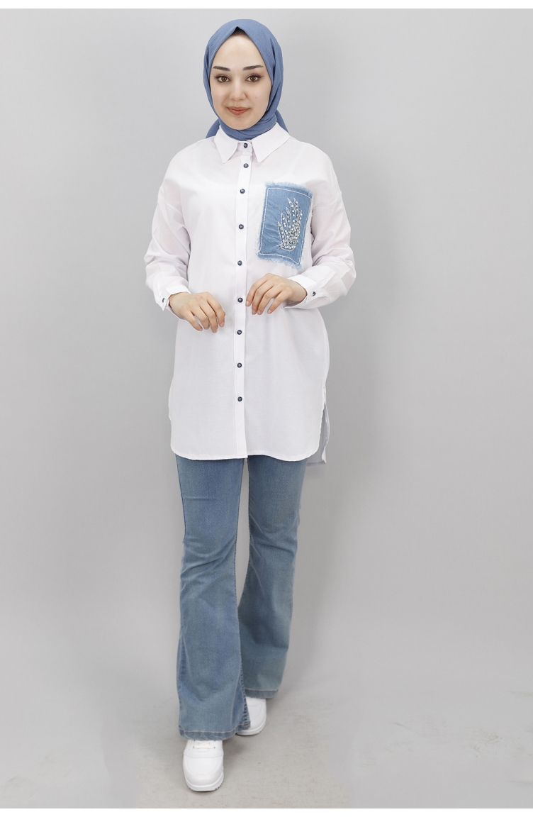 Kot Cep Detayli Poplin Kumaş Tunik Gömlek 23071-01 Beyaz | Sefamerve