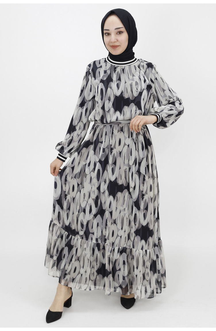 Puantiyeli Şifon Elbise 1033-03 Siyah | Sefamerve