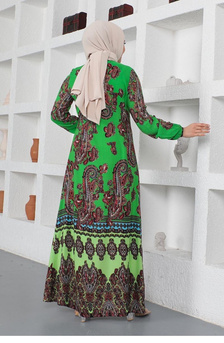 Etnik Desenli Model Tesettür Elbise Yeşil | Sefamerve