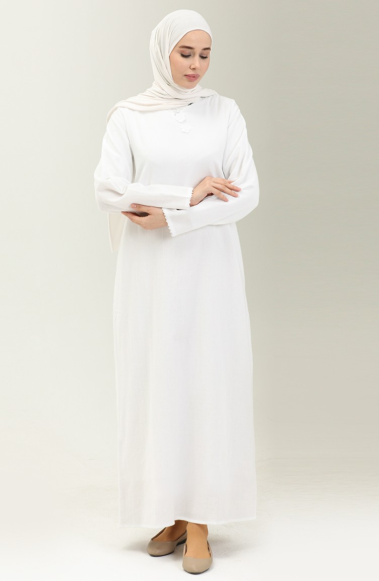 Büyük Beden Şile Bezi Umre Hac Elbisesi 00013-02 Beyaz | Sefamerve