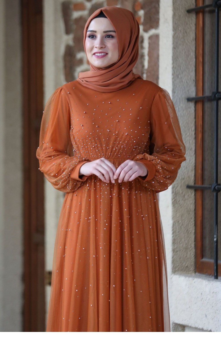 Brick Red Hijab Evening Dress 2211 | Sefamerve