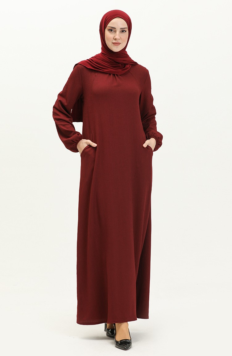 فستان طويل بجيب للمحجبات 11M03-04 أحمر غامق 11M03-04 | Sefamerve