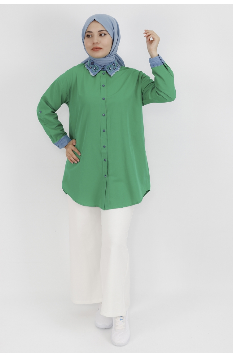 Kot Yaka Detaylı Poplin Kumaş Tunik Gömlek 23075-01 Yeşil | Sefamerve