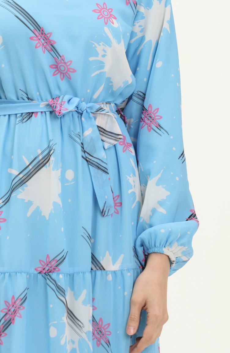Büzgülü Şifon Elbise 7002-03 Mavi | Sefamerve