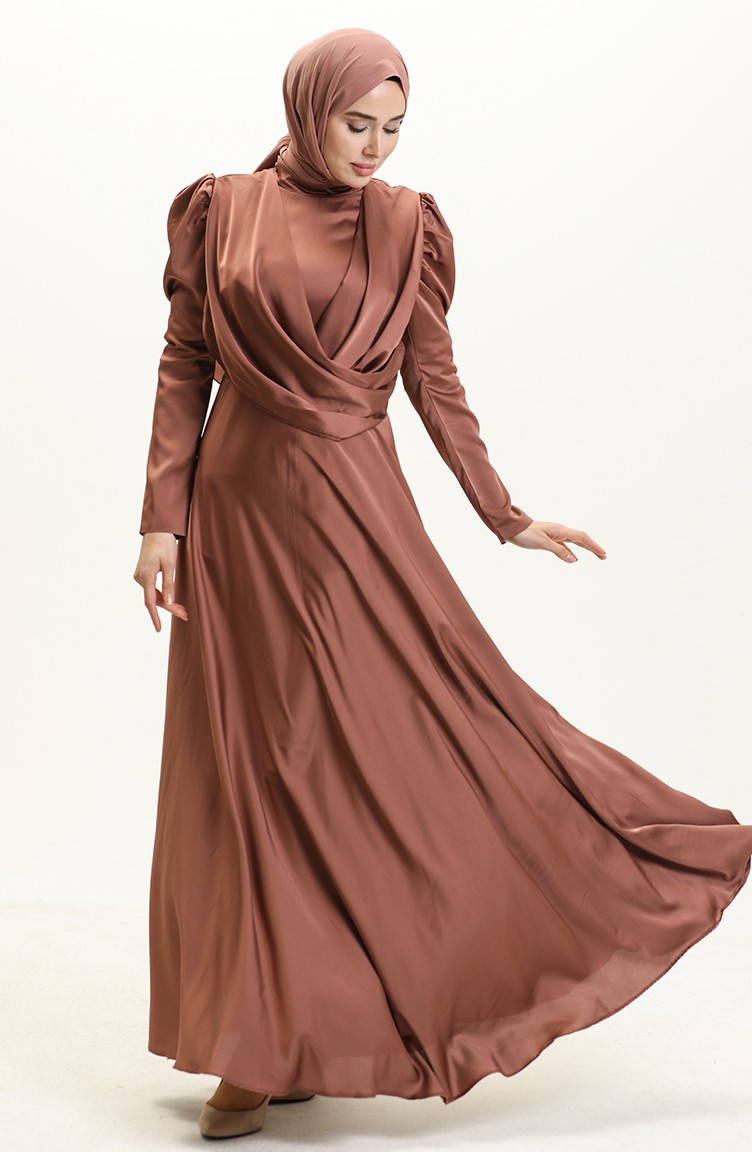 فستان سهرة ساتان بتصميم رايات 6059-01 بني 6059-01 | Sefamerve
