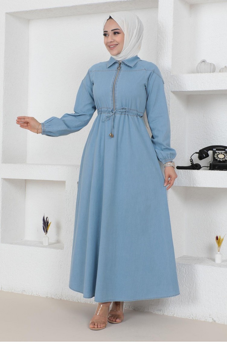 Fermuar Detaylı Bağcıklı Kot Elbise Açık Kot 19119 | Sefamerve