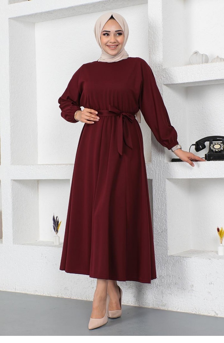 Kleid Mit Geraffter Taille Und Gürtel 2051A-01 Weinrot 2051A-01 | Sefamerve
