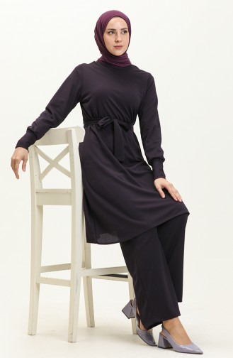 Belted Tunic Pants Two Piece Suit 0690-02 Purple 0690-02