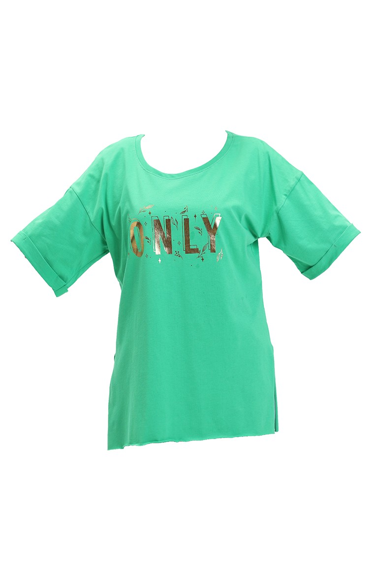 Baskılı Pamuklu Tshirt 20013-05 Yeşil | Sefamerve