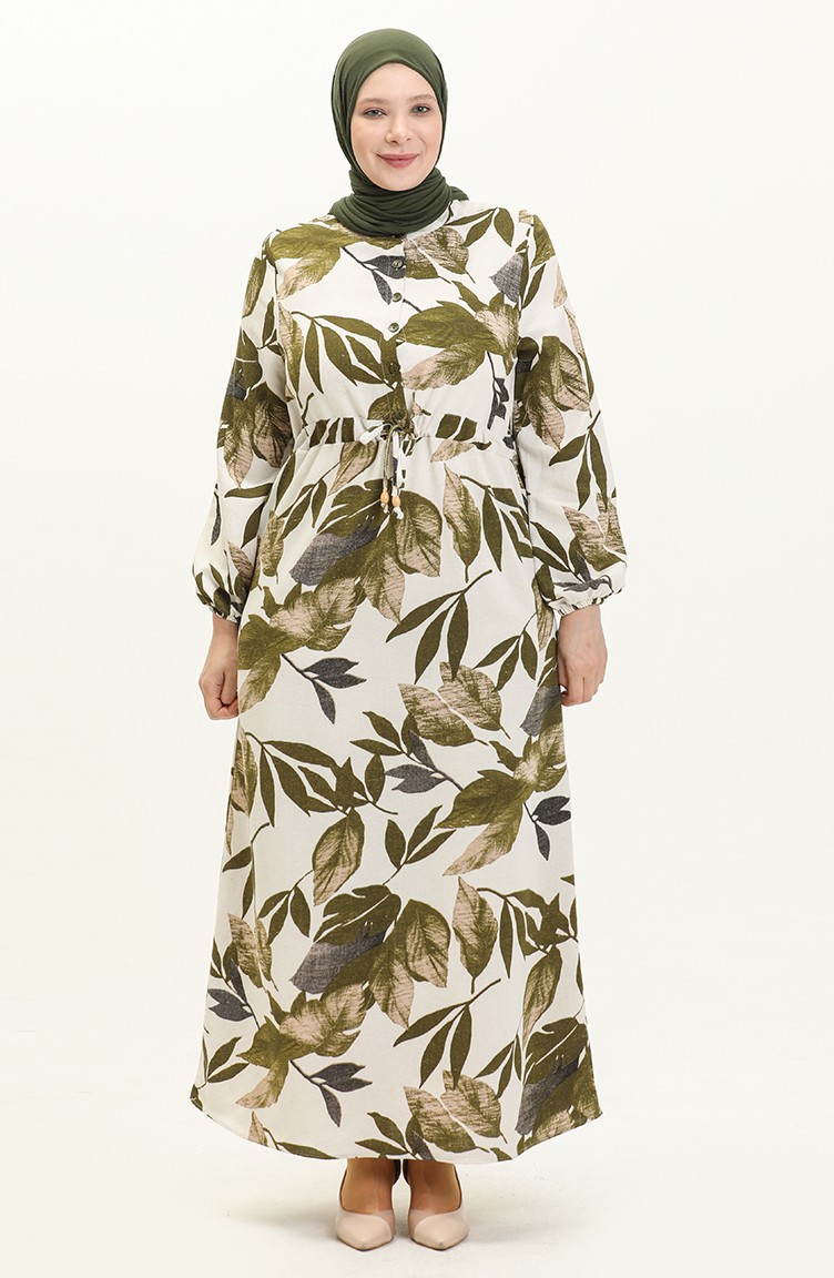 فستان كتان مطاط الخصر 1017-02 أبيض أخضر عسكري 1017-02 | Sefamerve