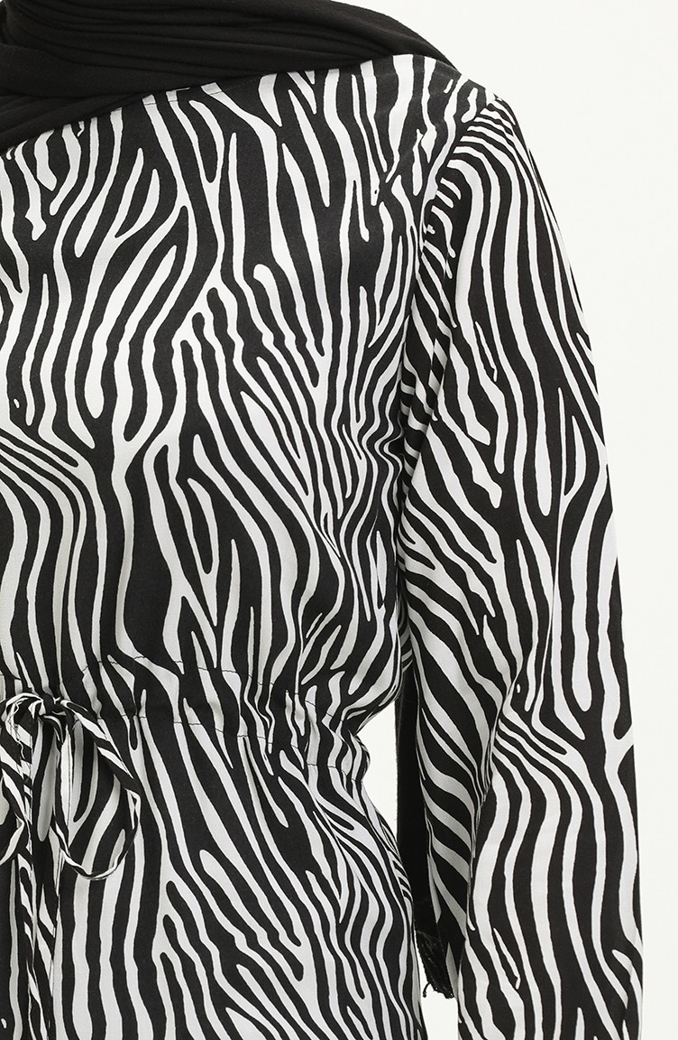 فستان فيسكوز منقوش 0018-01 أسود أبيض 0018-01 | Sefamerve