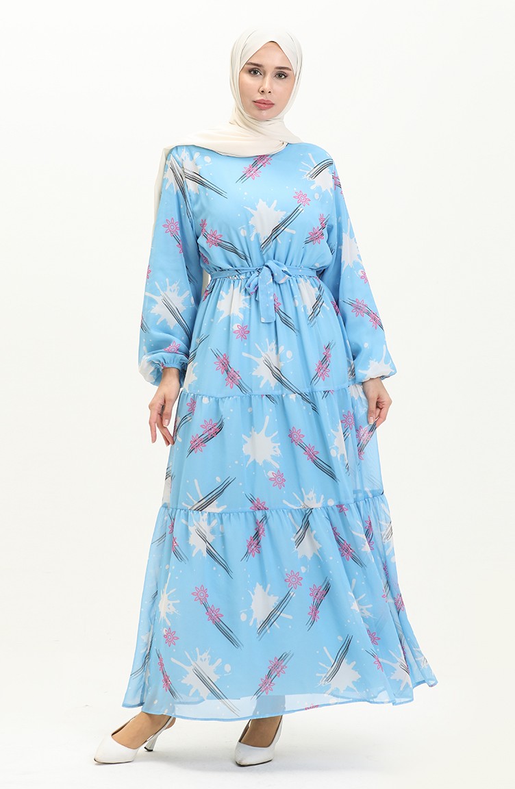 فستان شيفون منقوش بحزام 7006-15 إكرز أزرق 7006-15 | Sefamerve