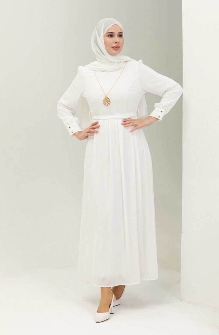 Kolyeli Şifon Elbise 3687-04 Beyaz | Sefamerve