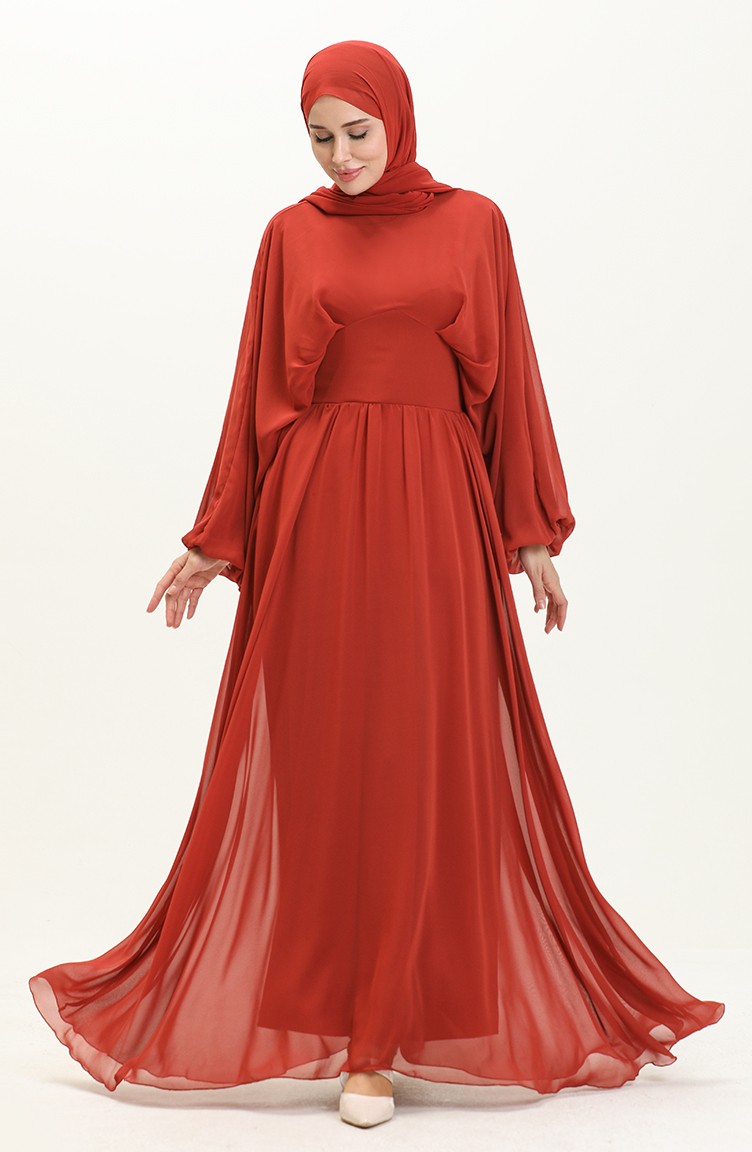 فستان سهرة شيفون بأكمام فراشة 6068-02 قرميدي 6068-02 | Sefamerve