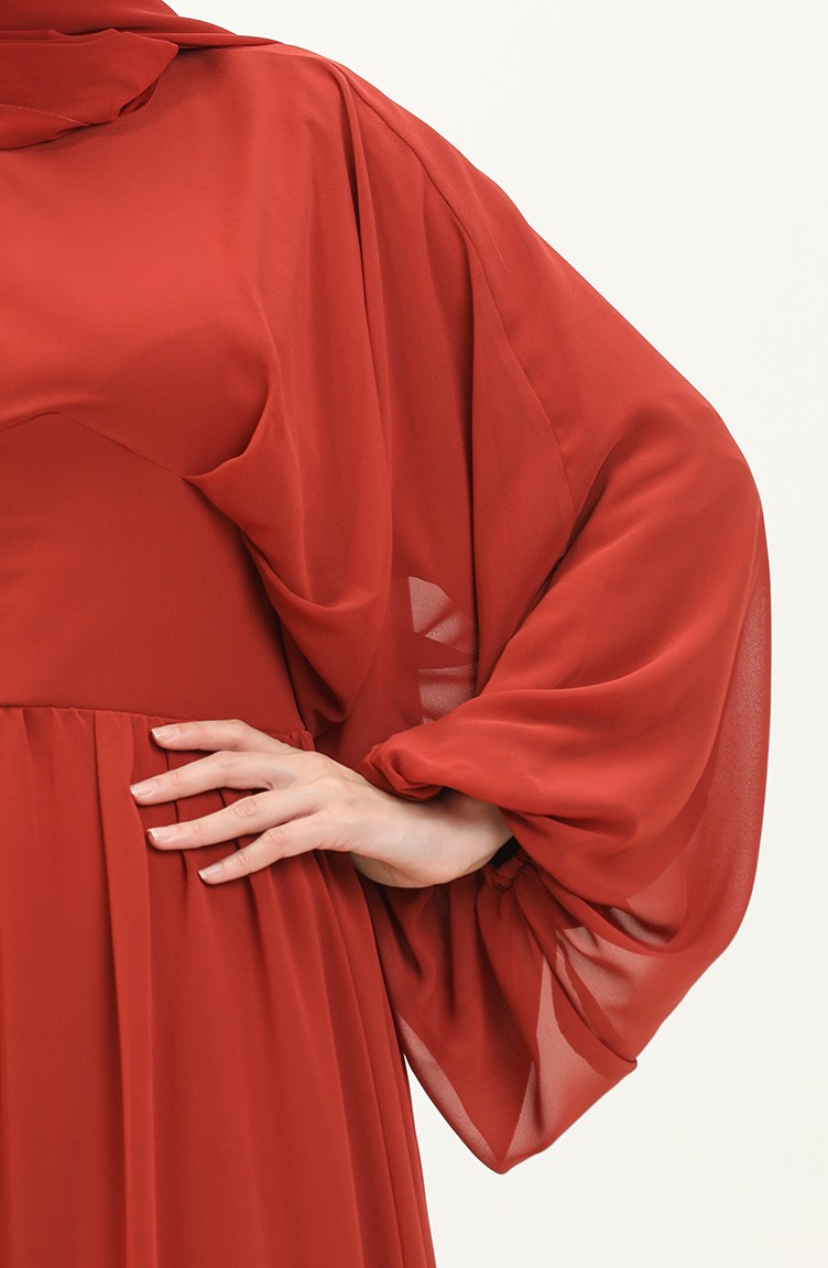 فستان سهرة شيفون بأكمام فراشة 6068-02 قرميدي 6068-02 | Sefamerve