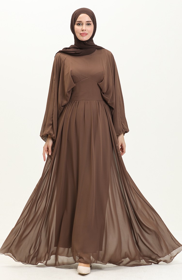 Yarasa Kol Şifon Abiye Elbise 6068-08 Kahverengi | Sefamerve