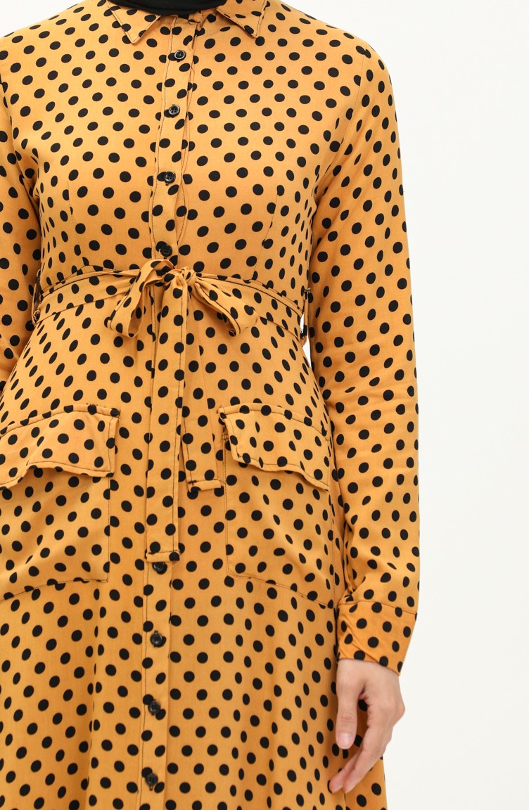 Düğmeli Puantiyeli Elbise 1755-02 Hardal | Sefamerve