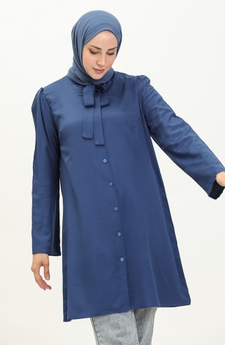 Tie Collar Buttoned Viscose Tunic 5113-01 Navy Blue 5113-01