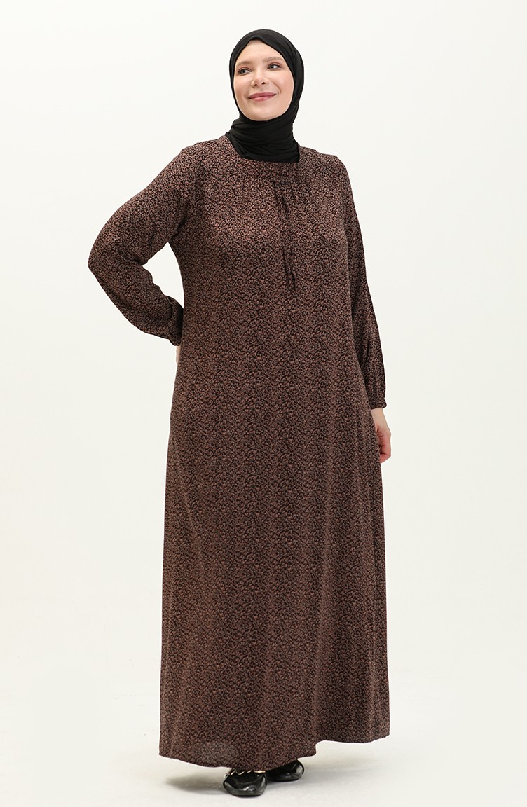 Kadin Buyuk Beden Çıtır Desen Uzun Anne Günlük Elbise 8408 4 Kahverengi |  Sefamerve
