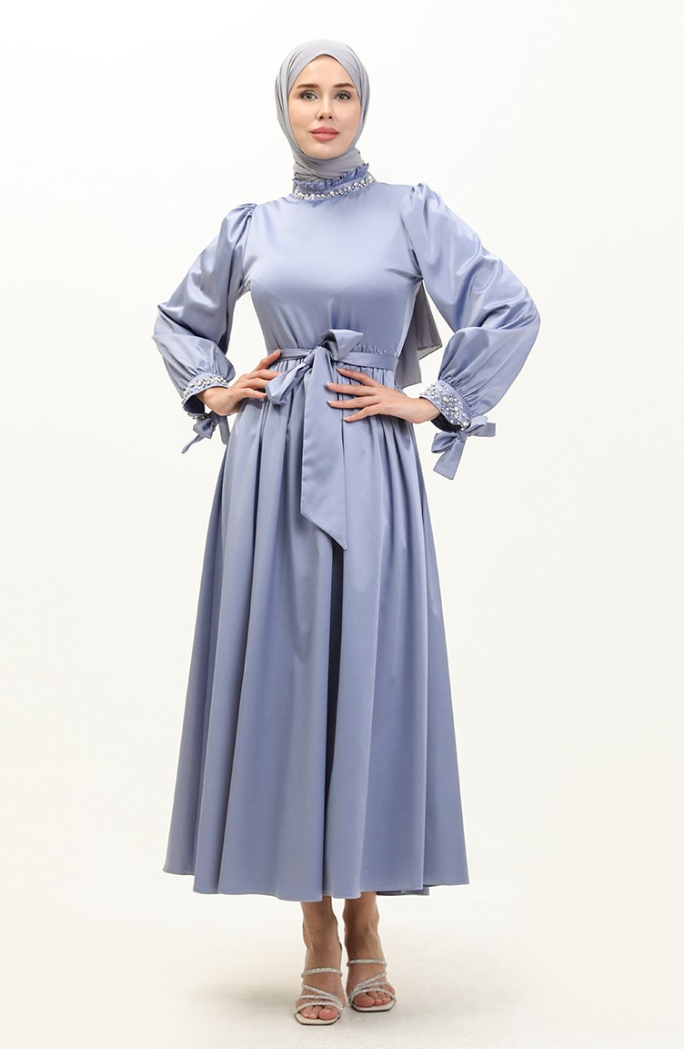 فستان سهرة ستان لؤلؤي أزرق 19121 14521 | Sefamerve