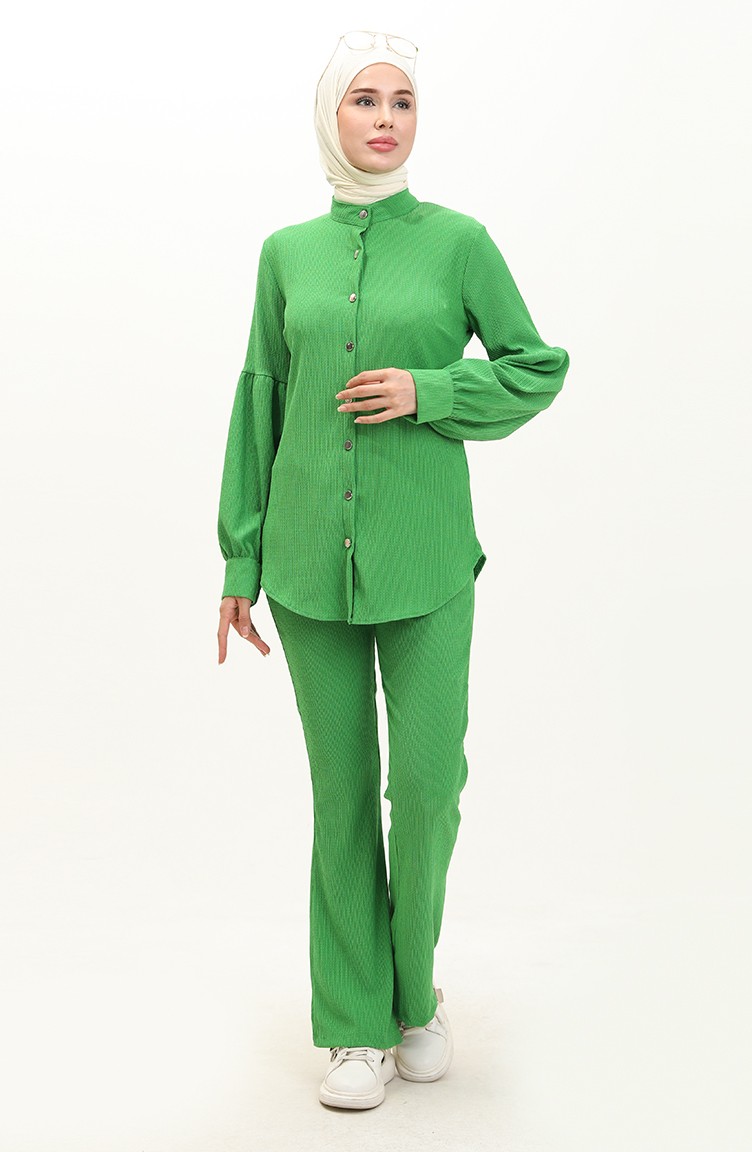 Bürümcük Kumaş Tunik Pantolon İkili Takım 6106-05 Yeşil | Sefamerve