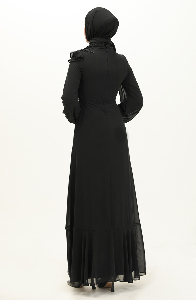 فستان سهرة شيفون بتفاصيل من الدانتيل 4927-03 لون أسود 4927-03 | Sefamerve