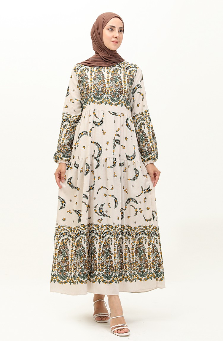 فستان كتان منقوش مطوي 1888-04 بني كريمي 1888-04 | Sefamerve