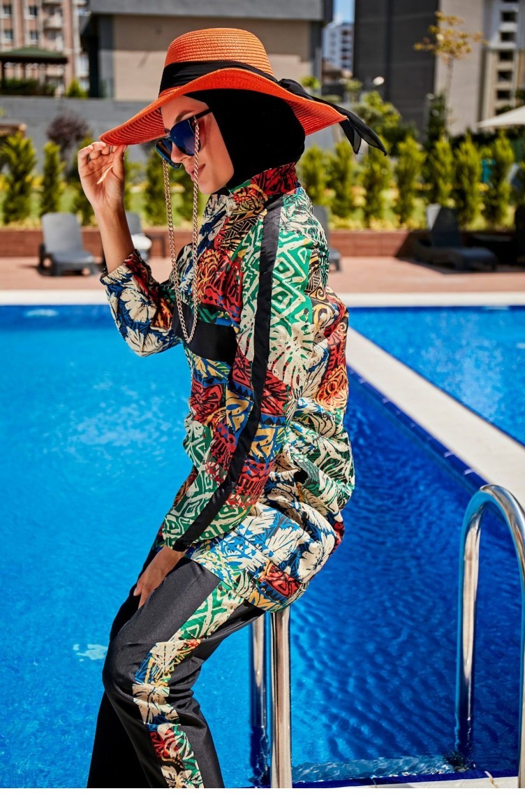 Maillot De Bain Hijab Entièrement Couvert à Motifs R2302 2302 | Sefamerve