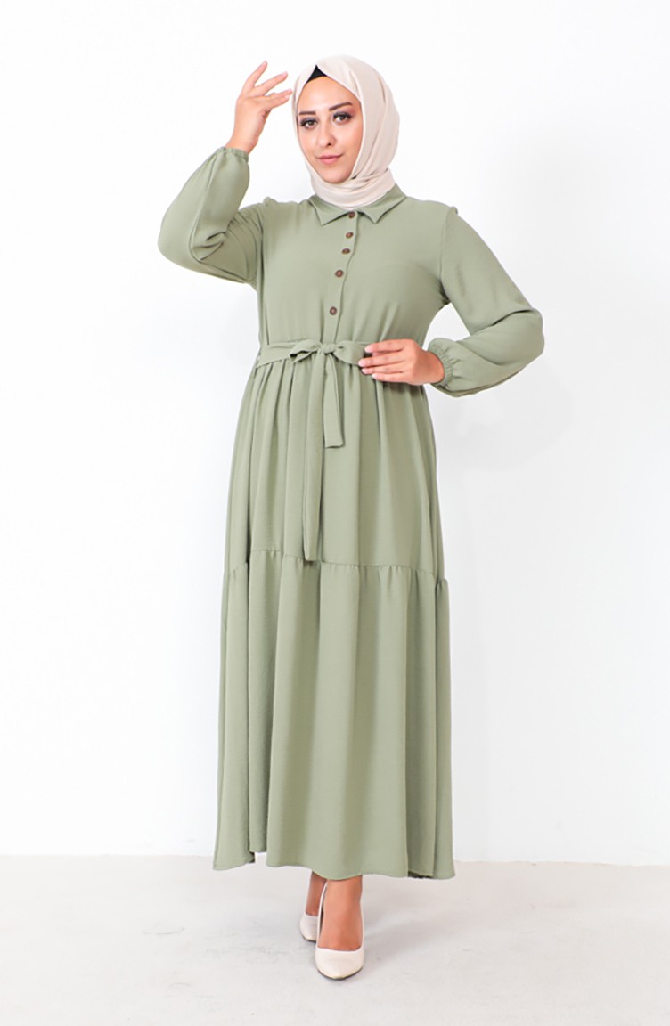 فستان بأزرار مقاس كبير 1701-10 أخضر عسكري 1701-10 | Sefamerve