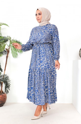 Plus Size Patterned Viscose Dress 1825-01 Blue 1825-01