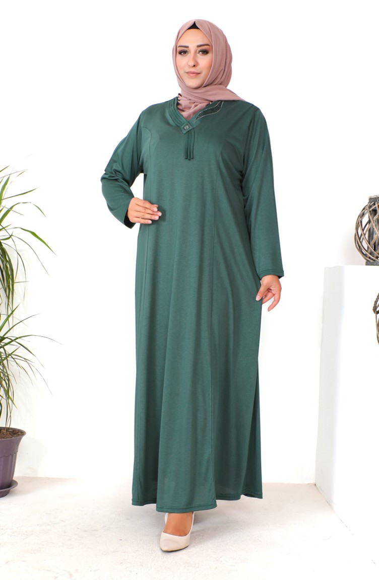 Büyük Beden Taş Baskılı Penye Elbise 4932-05 Koyu Yeşil | Sefamerve