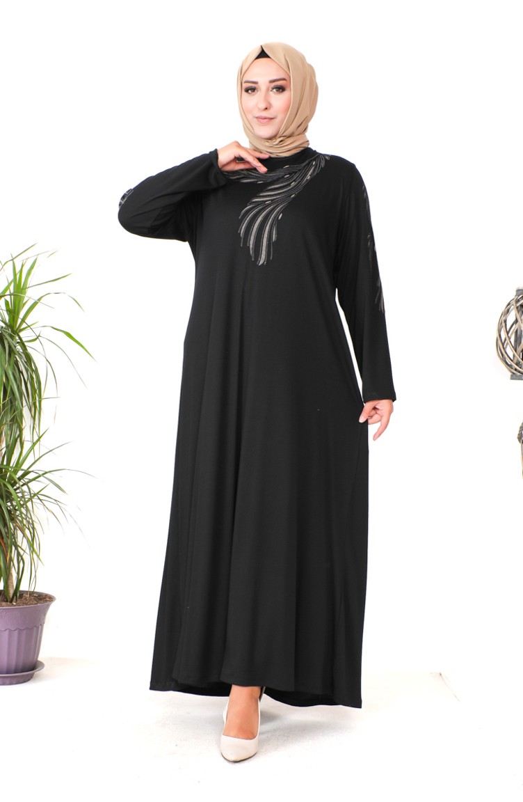 Büyük Beden Penye Elbise 4944-06 Siyah | Sefamerve