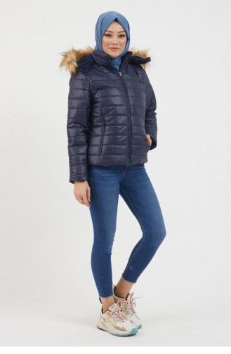Hooded Short Quilted Coat Navy Blue 12262 14772