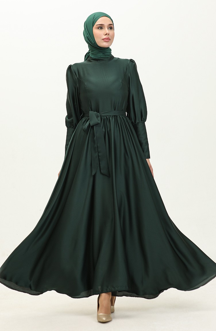فستان سهرة ستان بتصميم مُقبب 6080-06 لون أخضر زمردي 6080-06 | Sefamerve