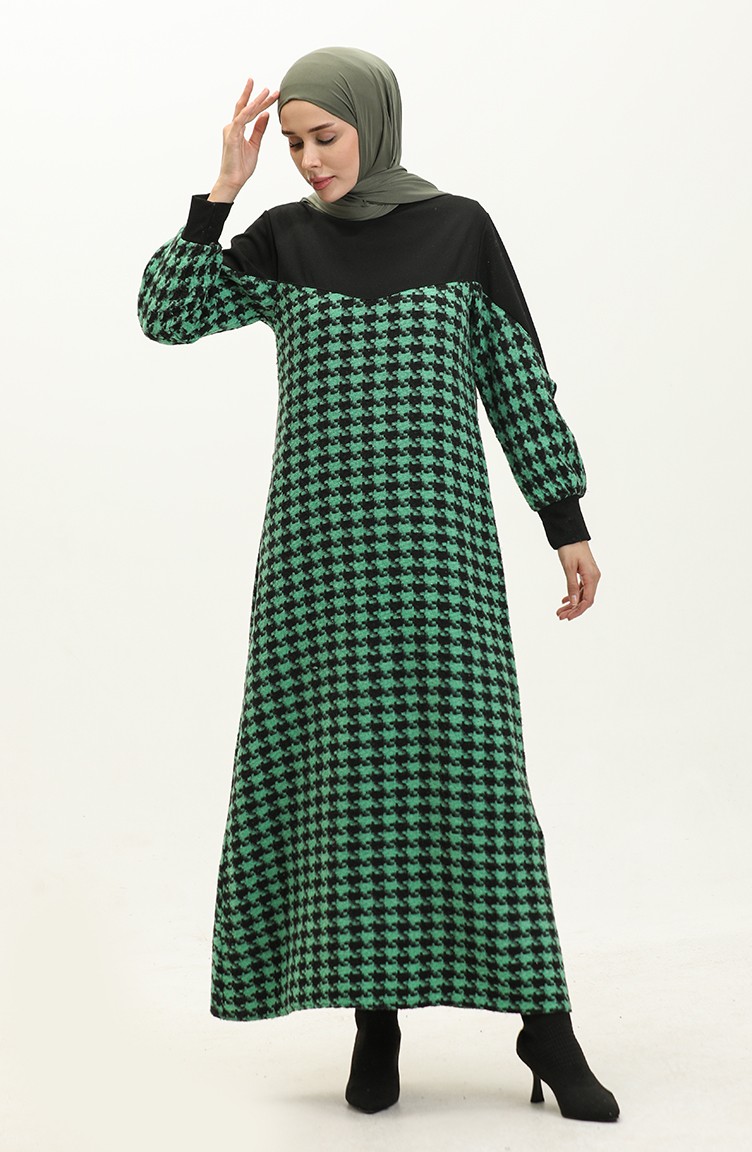 Kazayağı Desenli Elbise 0183-05 Siyah Yeşil | Sefamerve