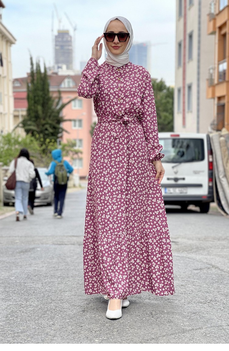 فستان حجاب منقوش بحزام وردة مغبرة 0243SGS.GKR | Sefamerve