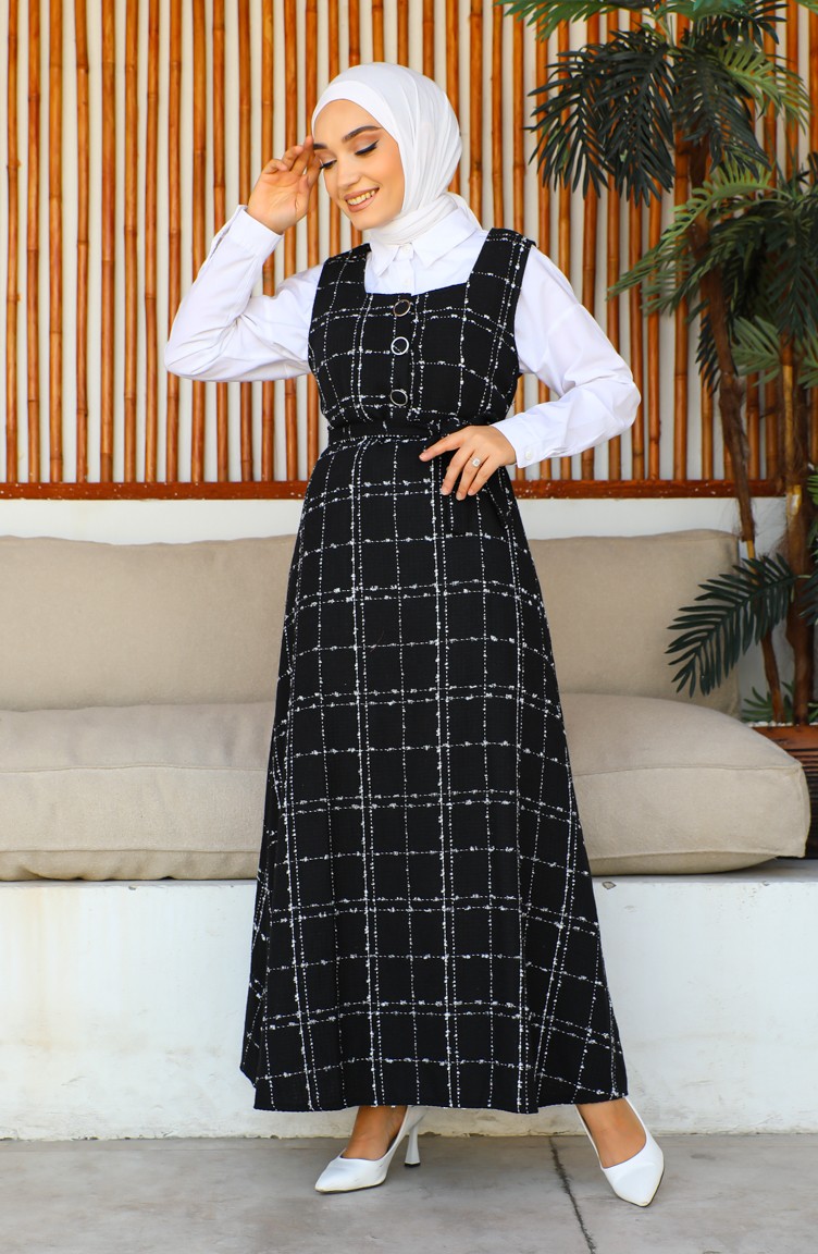 Tüvit Kuşaklı Jile Elbise 7130-01 Siyah | Sefamerve