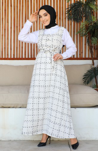Tüvit Kuşaklı Jile Elbise 7130-02 Beyaz | Sefamerve
